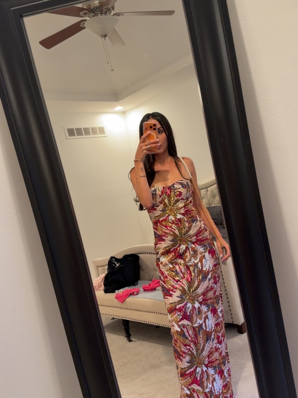 Sequin Floral Maxi Dress with Straps - Red Multi